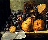 Famous Flask Paintings - Pears, Grapes, A Greengage, Plums A Stoneware Flask And A Wicker Basket On A Wooden Ledge